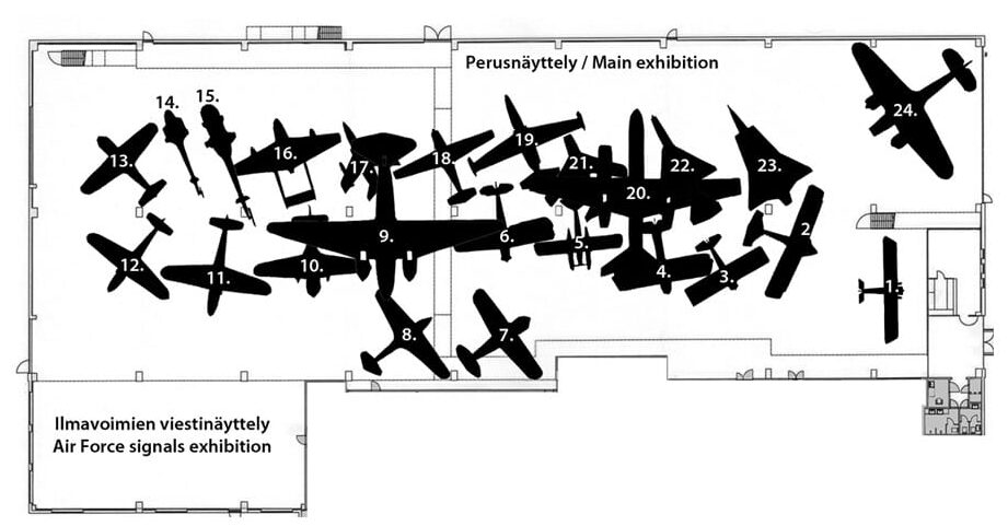 Perusnäyttelyn pohjapiirustus, jossa koneiden paikat merkitty mustilla silueteilla.