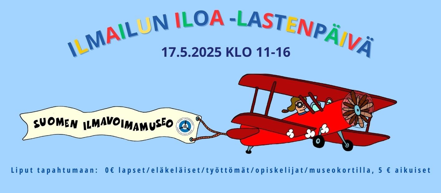 Punainen piirretty kaksitasoinen lentokone vetää perässään lakanaa, jossa on teksti ilmavoimamuseo.