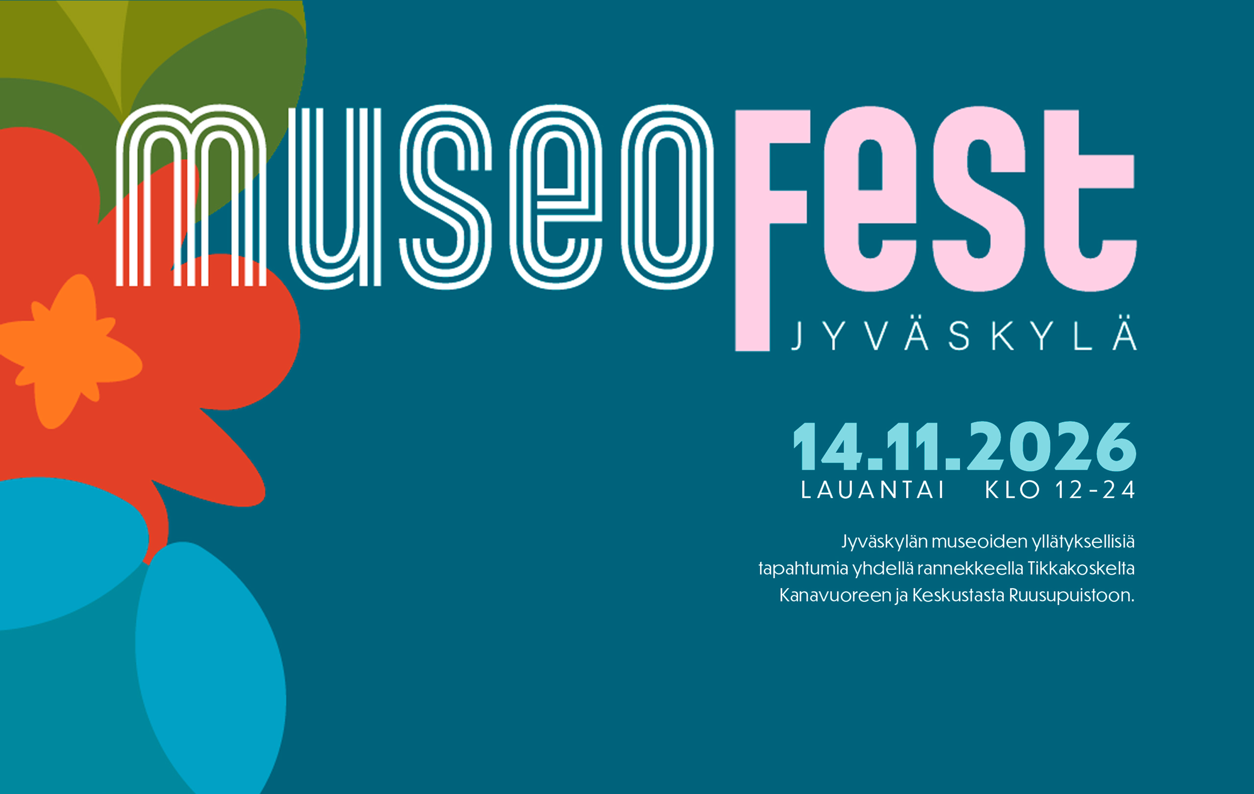 Museofest-tapahtuman logo turkoosilla pohjalla. Vasemmassa reunassa kukka- ja kasviaiheista koristelua.